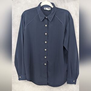 Panhandle Slim Size Medium Vintage Polyester Blouse Navy Silver Buttons